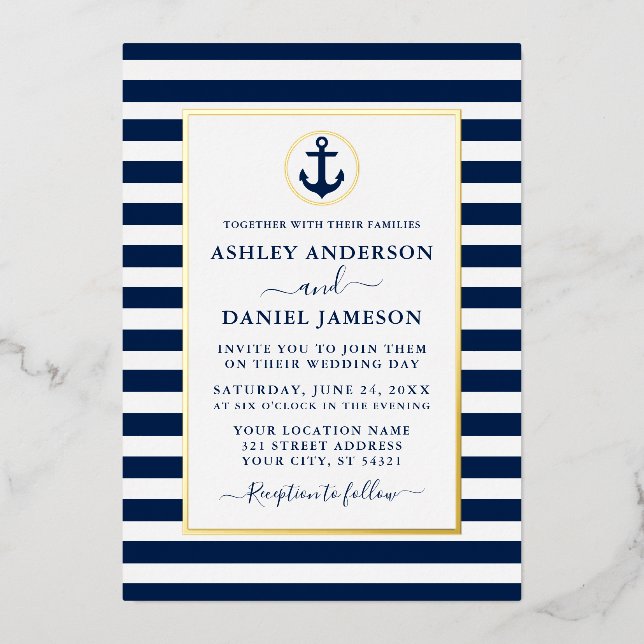 Nautical Anchor Navy Blue Stripes Wedding Gold Foil Invitation (Front)