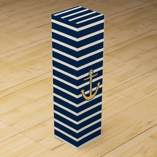 Nautical Anchor Navy Blue Stripes Wine Gift Box