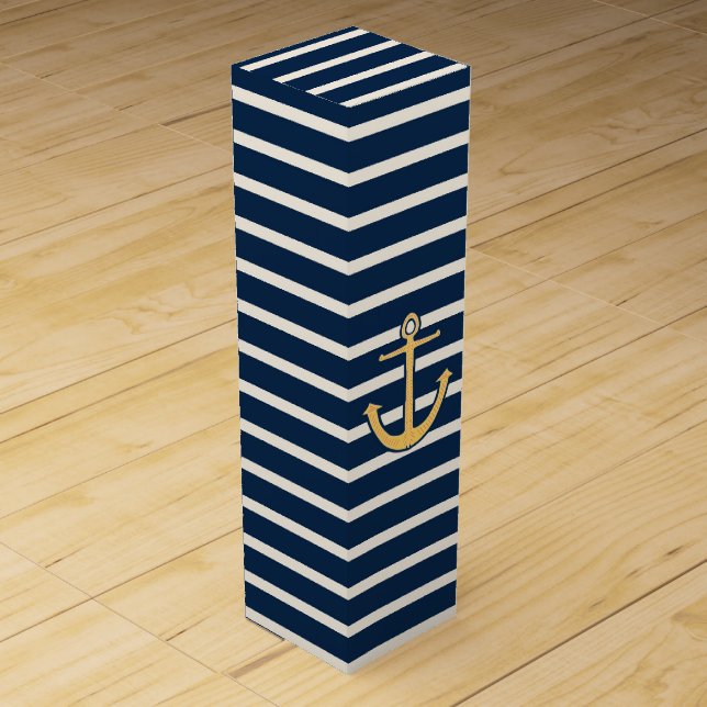 Nautical Anchor Navy Blue Stripes Wine Gift Box (Front)