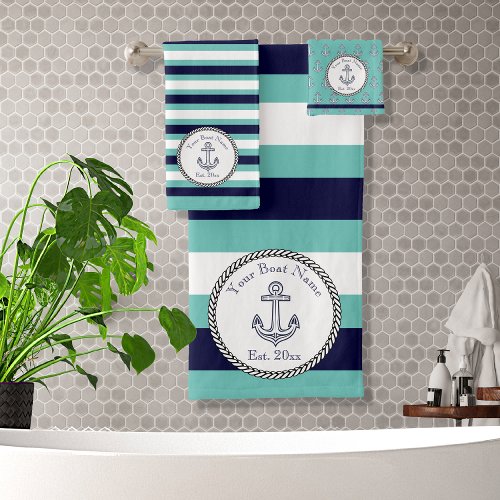 Nautical Anchor Navy Blue Teal White  stripes Bath Towel Set