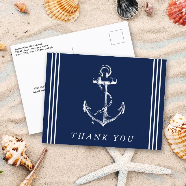 Nautical Anchor Navy Blue Thank You Postcard (Creator Uploaded)