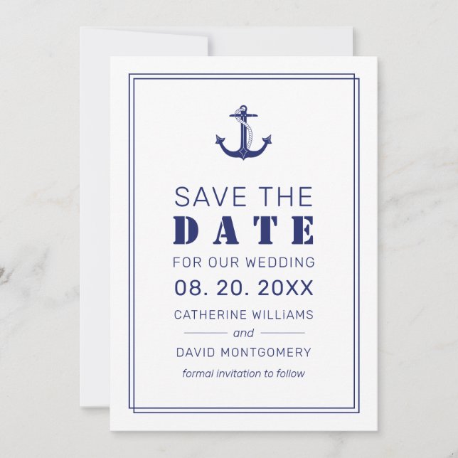 Nautical Anchor Navy Blue Typography Wedding Save The Date (Front)