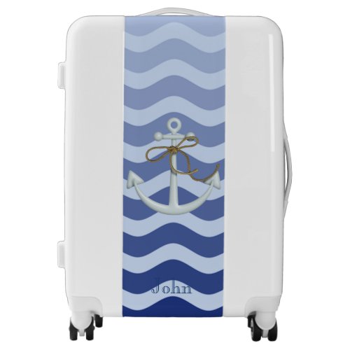 Nautical Anchor  Navy Blue Waves Stripe Luggage