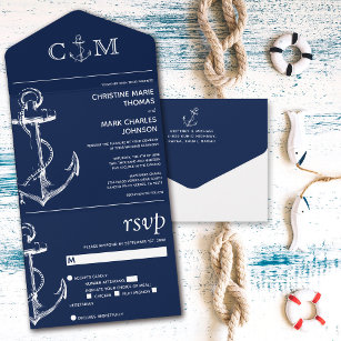 Nautical Anchor Navy Blue Wedding All In One Invitation