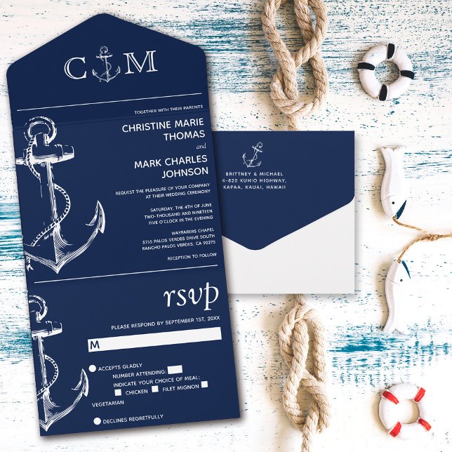 Nautical Anchor Navy Blue Wedding All In One Invitation (Creator Uploaded)