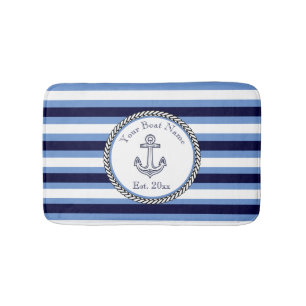 Nautical Anchor Navy Blue Wedgwood White striped Bath Mat