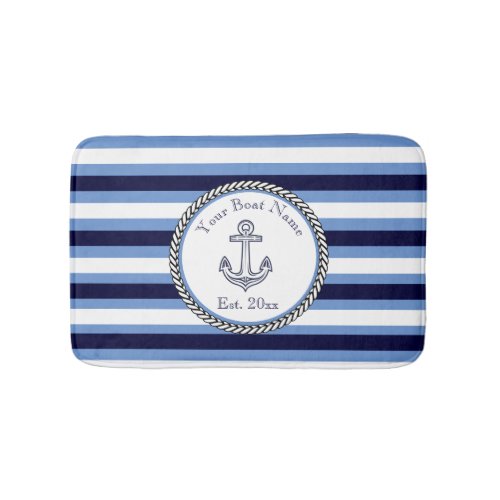 Nautical Anchor Navy Blue Wedgwood White striped  Bath Mat