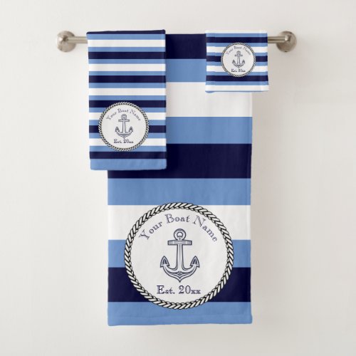 Nautical Anchor Navy Blue Wedgwood White striped Bath Towel Set