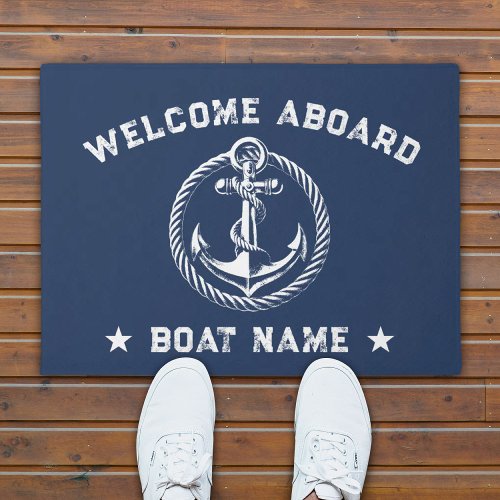 Nautical Anchor Navy Blue Welcome Aboard Boat Name Doormat