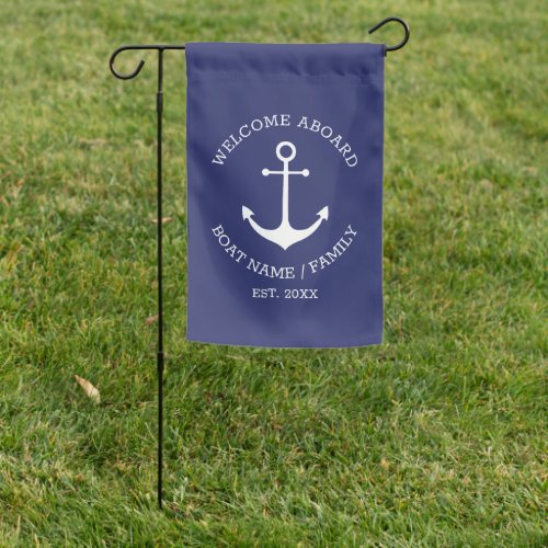Nautical anchor navy blue Welcome Aboard custom Garden Flag