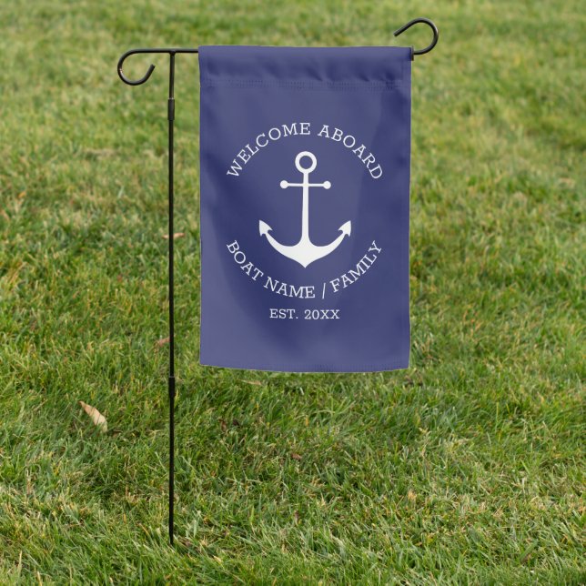 Nautical anchor navy blue Welcome Aboard custom Garden Flag (In SItu)