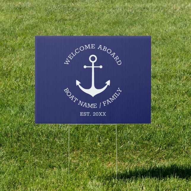 Nautical anchor Navy Blue Welcome Aboard custom Sign (Insitu)