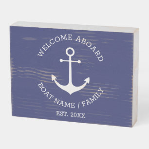 Nautical anchor navy blue Welcome Aboard Custom Wooden Box Sign