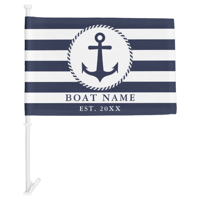Nautical Anchor Navy Blue White Boat Name Car Flag (Front)