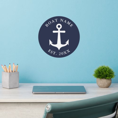 Nautical Anchor Navy Blue  White Boat Name Round Wall Decal