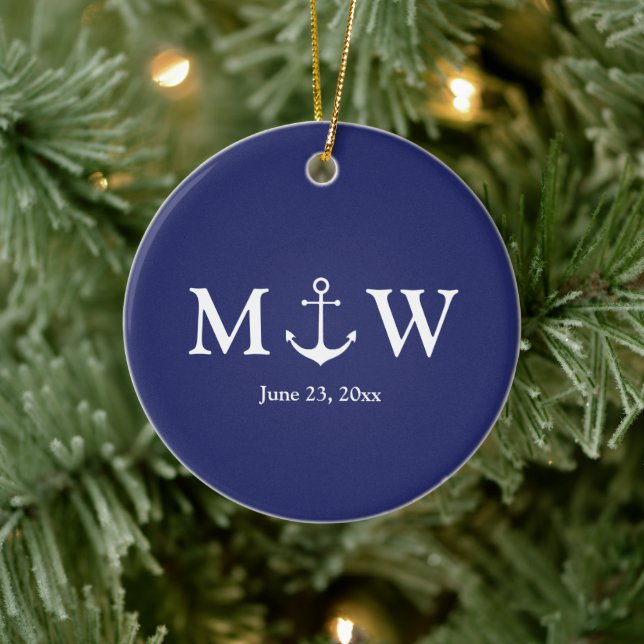 Nautical anchor navy blue white couple monogram ceramic ornament (Tree)