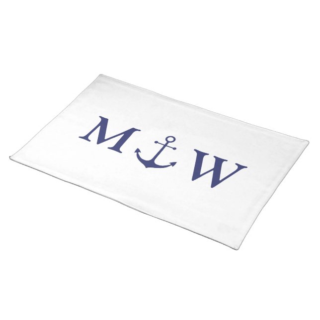 Nautical anchor navy blue white couple monogram cloth placemat (On Table)