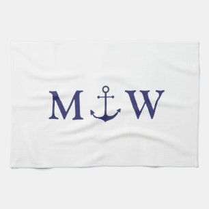 Nautical anchor navy blue white couple monogram kitchen towel