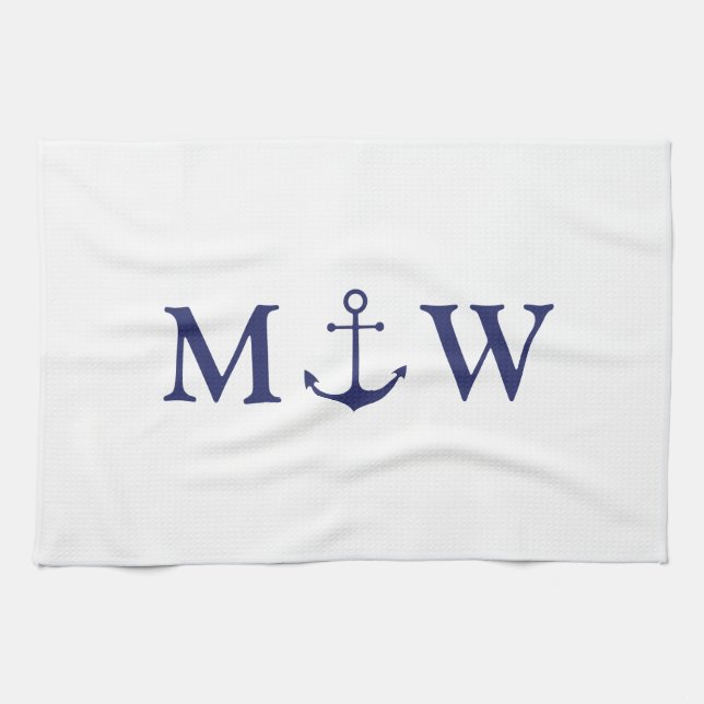 Nautical anchor navy blue white couple monogram kitchen towel (Horizontal)