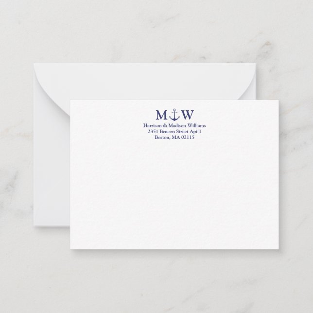 Nautical anchor navy blue white couple monogram note card (Front)