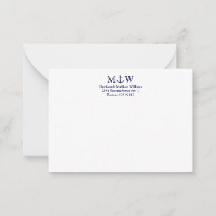 Nautical anchor navy blue white couple monogram note card