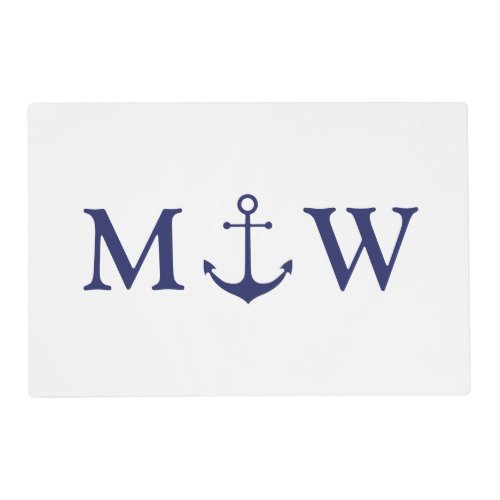 Nautical anchor navy blue white couple monogram placemat