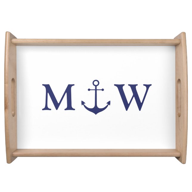 Nautical anchor navy blue white couple monogram serving tray (Front)