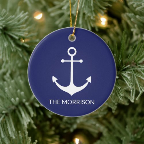 nautical anchor navy blue white Custom Boat name Ceramic Ornament