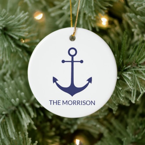 Nautical anchor navy blue white custom boat name  ceramic ornament