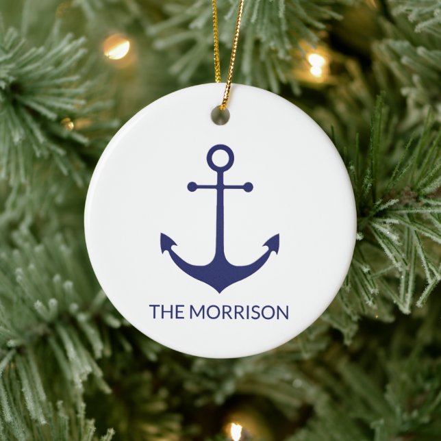Nautical anchor navy blue white custom boat name  ceramic ornament (Tree)