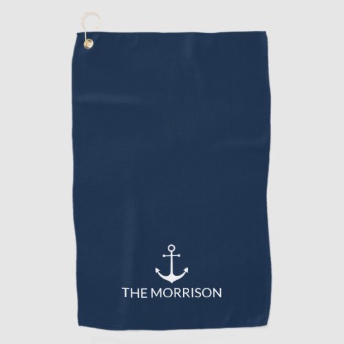 Nautical anchor navy blue white Custom Boat Name Golf Towel