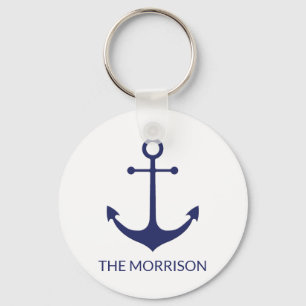 Nautical anchor navy blue white Custom Boat name Keychain