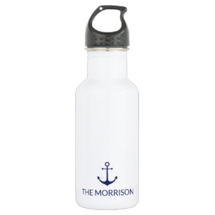 Nautical anchor navy blue white Custom Boat Name Stainless Steel Water Bottle