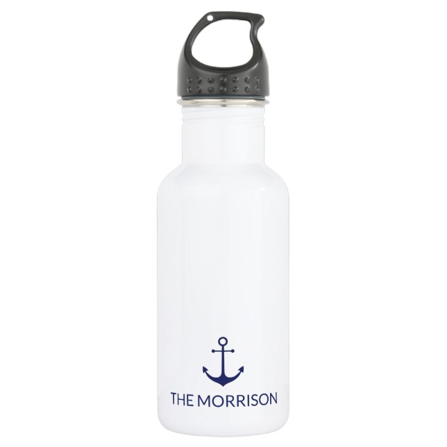 Nautical anchor navy blue white Custom Boat Name  Stainless Steel Water Bottle (Front)