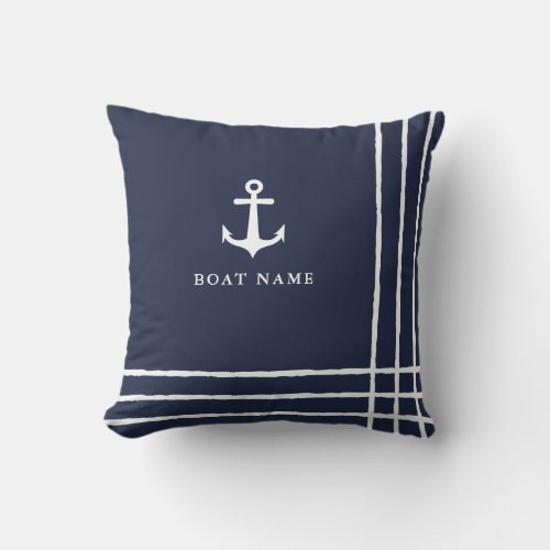 Nautical Anchor Navy Blue White Custom Boat Name Throw Pillow