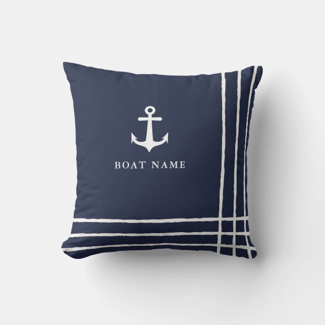 Nautical Anchor Navy Blue White Custom Boat Name Throw Pillow (Front)