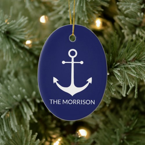 Nautical anchor navy blue white custom family name ceramic ornament