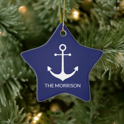 Nautical anchor navy blue white custom family name ceramic ornament