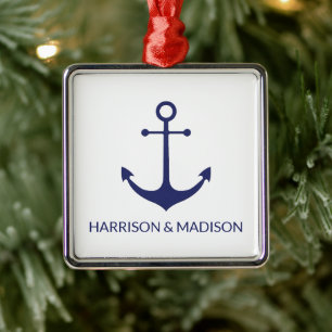 Nautical anchor navy blue white custom family name metal ornament