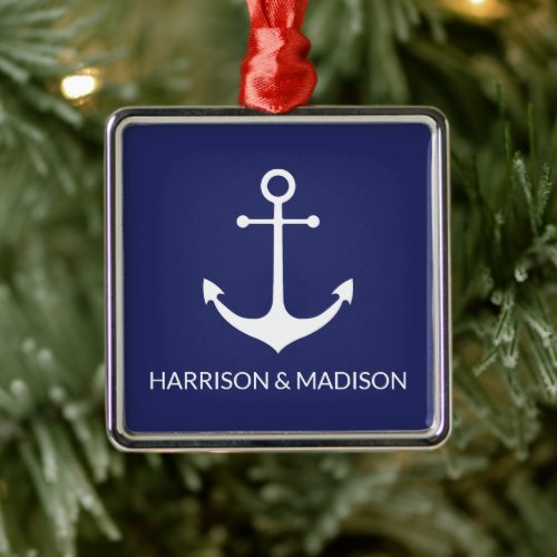 Nautical anchor navy blue white custom family name metal ornament