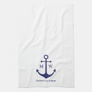 Nautical anchor navy blue white custom monogram kitchen towel