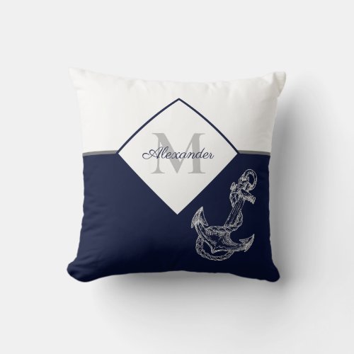 Nautical Anchor Navy Blue White Gray Monogram Throw Pillow