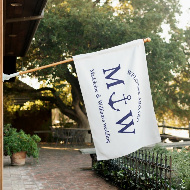 Nautical anchor navy blue white initials wedding house flag (In SItu)