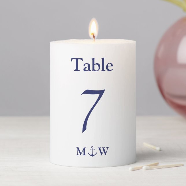 Nautical anchor navy blue & white initials Wedding Pillar Candle (In Situ)