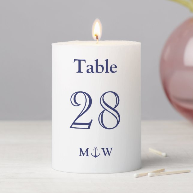 Nautical anchor navy blue white initials Wedding T Pillar Candle (In Situ)
