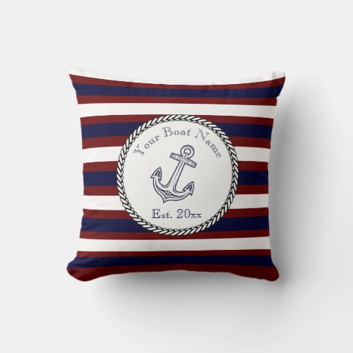 Nautical Anchor Navy Blue White Maroon stripes Throw Pillow