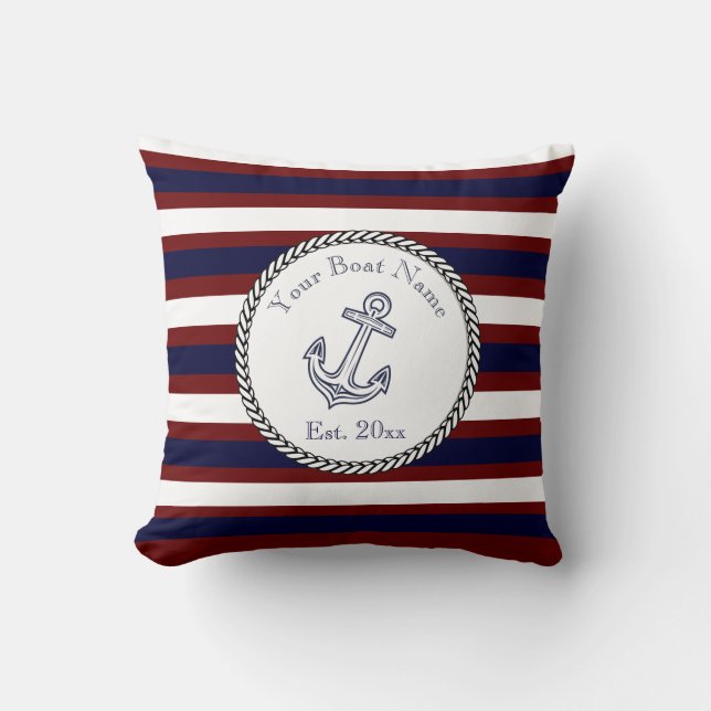Nautical Anchor Navy Blue White Maroon stripes Throw Pillow (Front)