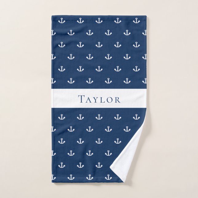Nautical anchor navy blue white monogram hand towel  (Hand Towel)