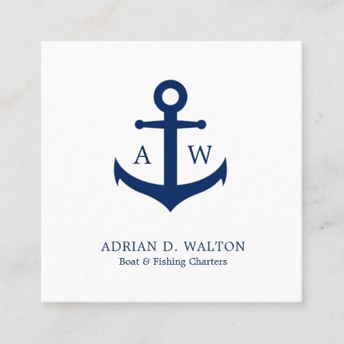 Nautical Anchor Navy Blue White Monogram Simple Square Business Card