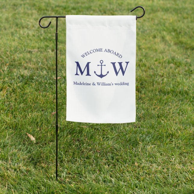 Nautical anchor navy blue white monogram wedding garden flag (In SItu)